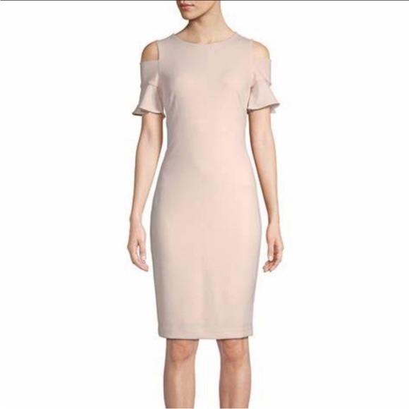Calvin Klein cold shoulder Sheath dress with Ruffled Sleeves Blush Pink size 4 - Picture 1 of 11